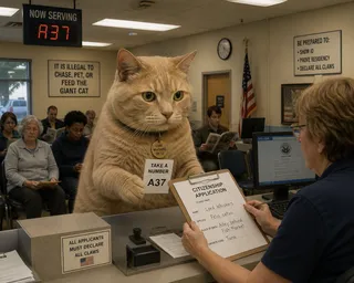 Clock, flag, number A37, clipboard, collar tag, ceiling tile, computer monitor, stamp, waiting applicants, sign.