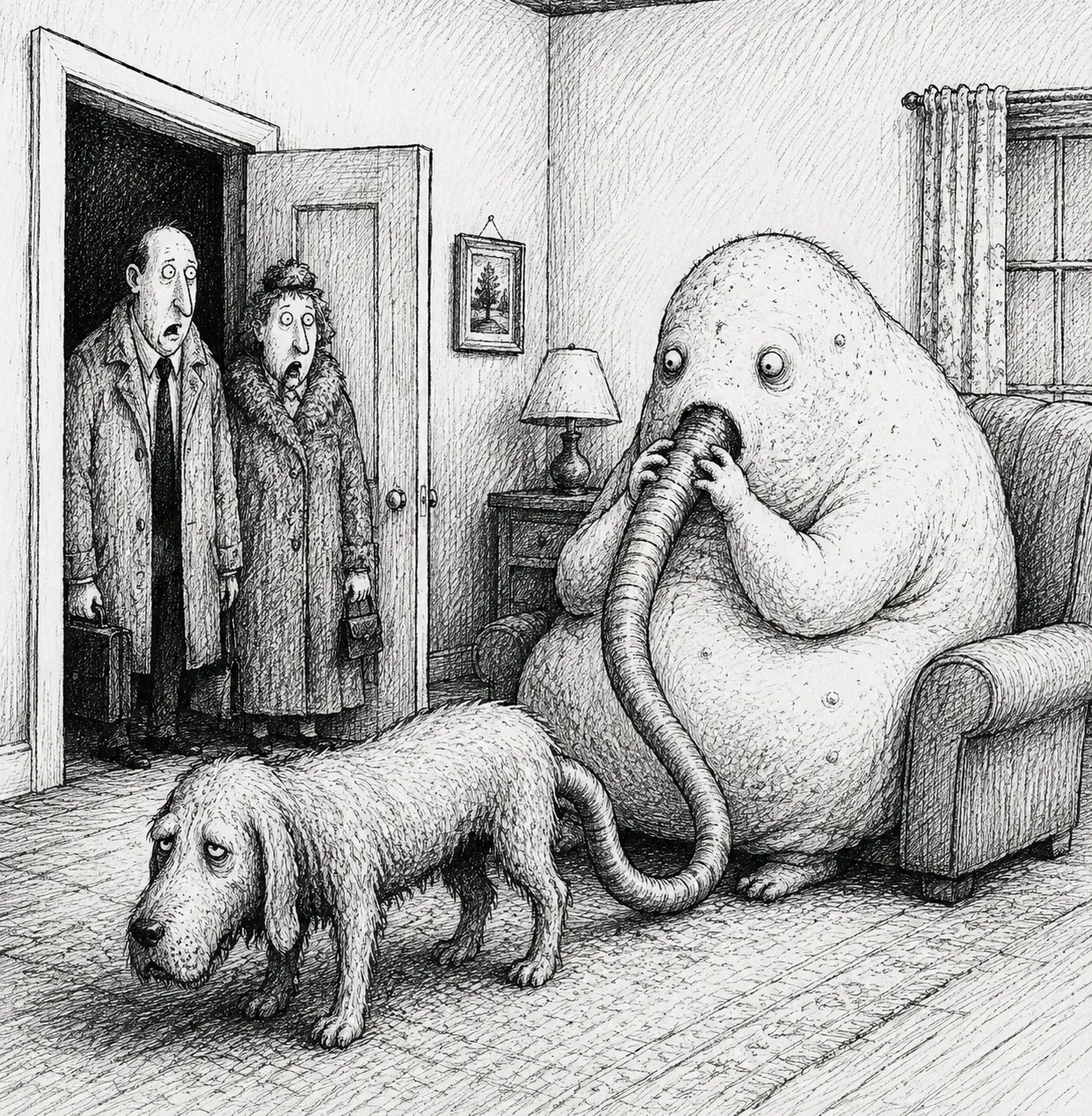 Shocked couple enters room with blob monster on sofa.