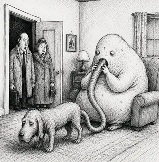 Shocked couple enters room with blob monster on sofa.