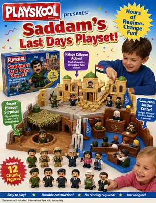 Box, figures, rubble, courtroom, two children, net.