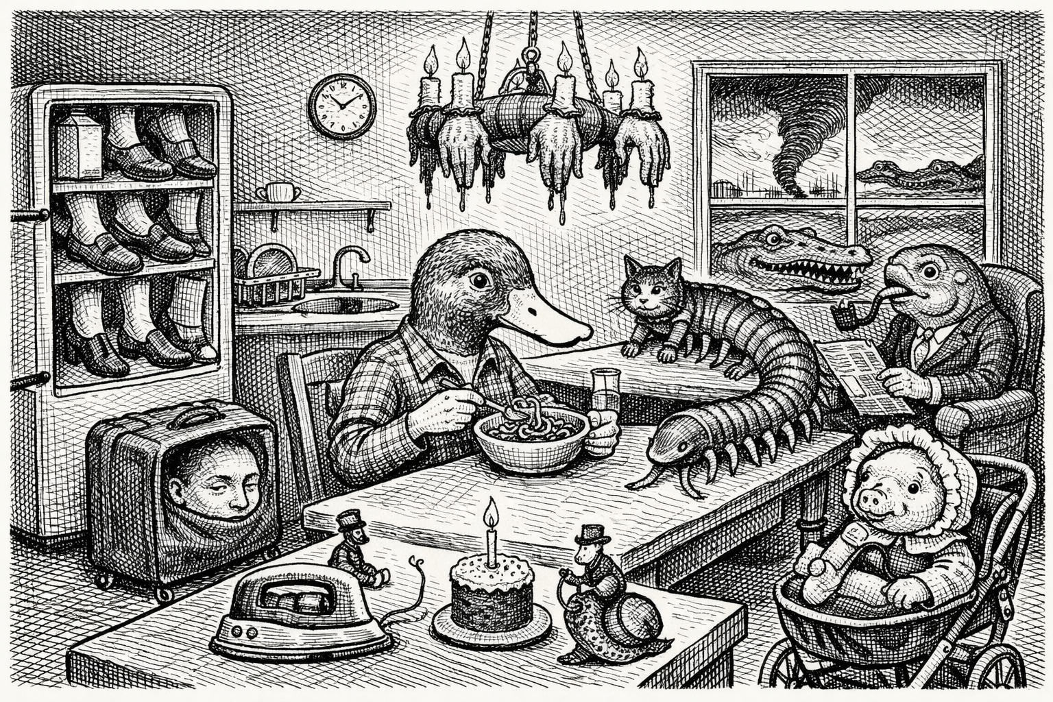 Where claws hold candles and strange creatures share bread.