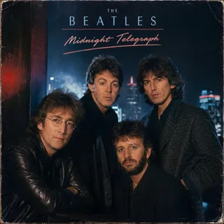Four men, city lights, album text, scuffed corners.