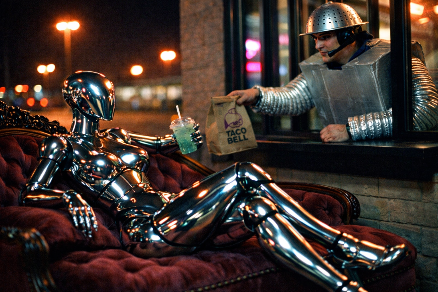 Chrome robot receives Taco Bell bag at drive-through window.