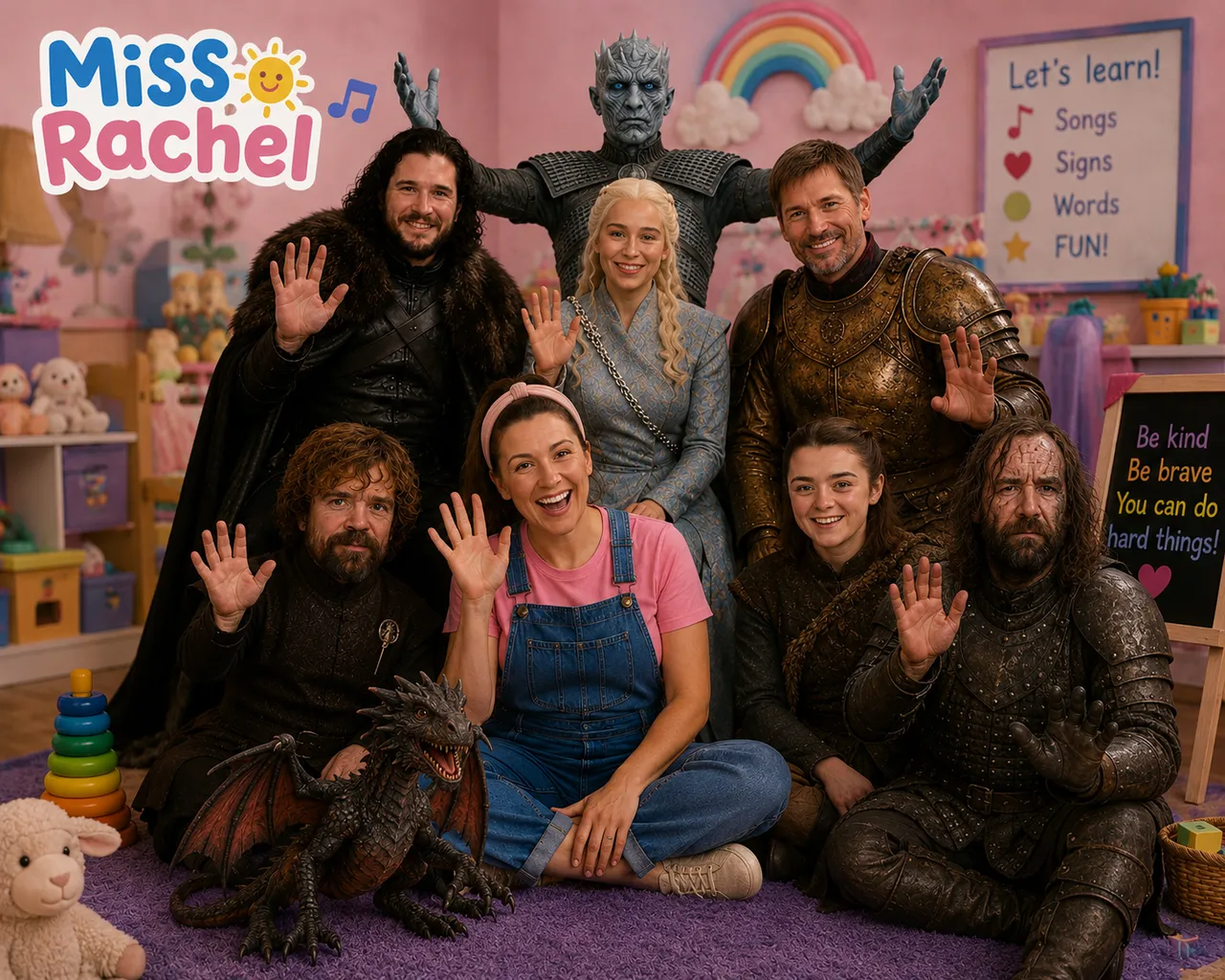 Rainbow, chalkboard, dragon, lamb, seven figures, overalls.