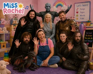 Rainbow, chalkboard, dragon, lamb, seven figures, overalls.