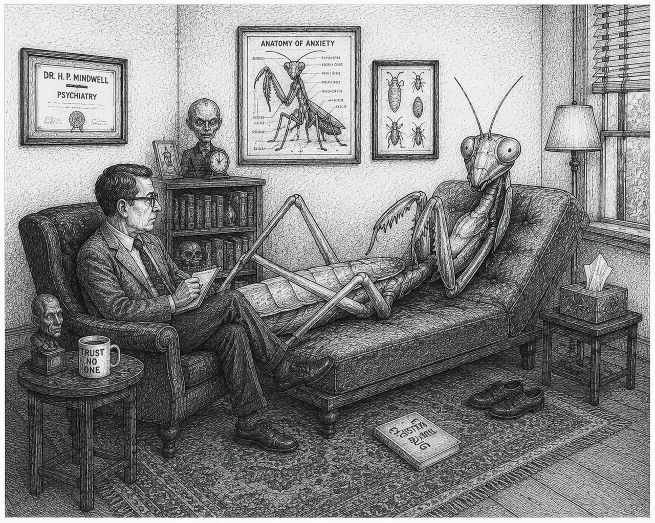 The shoes removed suggest a prior appointment, kept.
