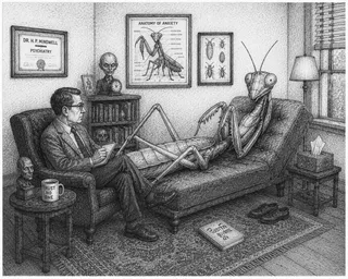 Couch, insect, man, mug, skull, diploma, shoes, tissues, book, lamp.