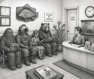 Clock, fish mount, diplomas, bear, child, diver, creature, receptionist, eyeball plant, magazines, door, aquarium, tile.