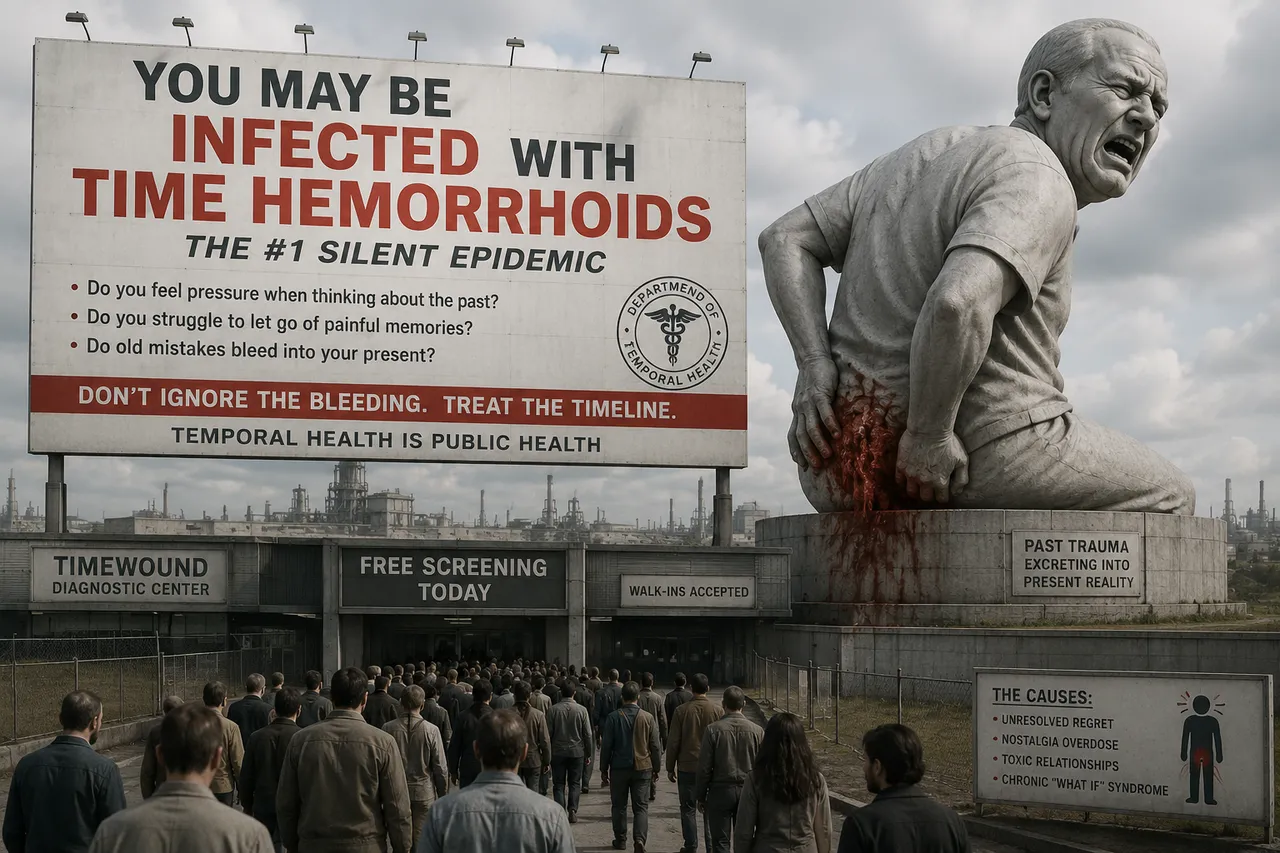 Billboard, statue, crowd, fence, red stains, refinery towers.