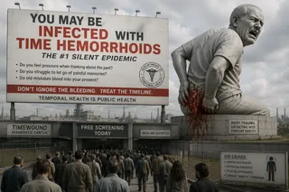 Billboard, statue, crowd, fence, red stains, refinery towers.