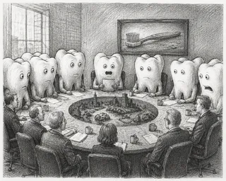 Round table, city model, seven molars, six suits, one toothbrush portrait.
