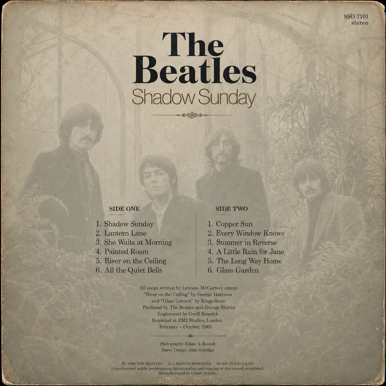 Tracklist, four figures, catalog number, worn surface, credits.