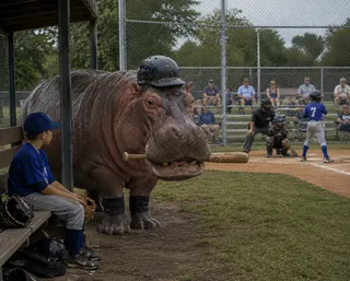 A hippo wearing a helmet holds a baseball bat in dugout.