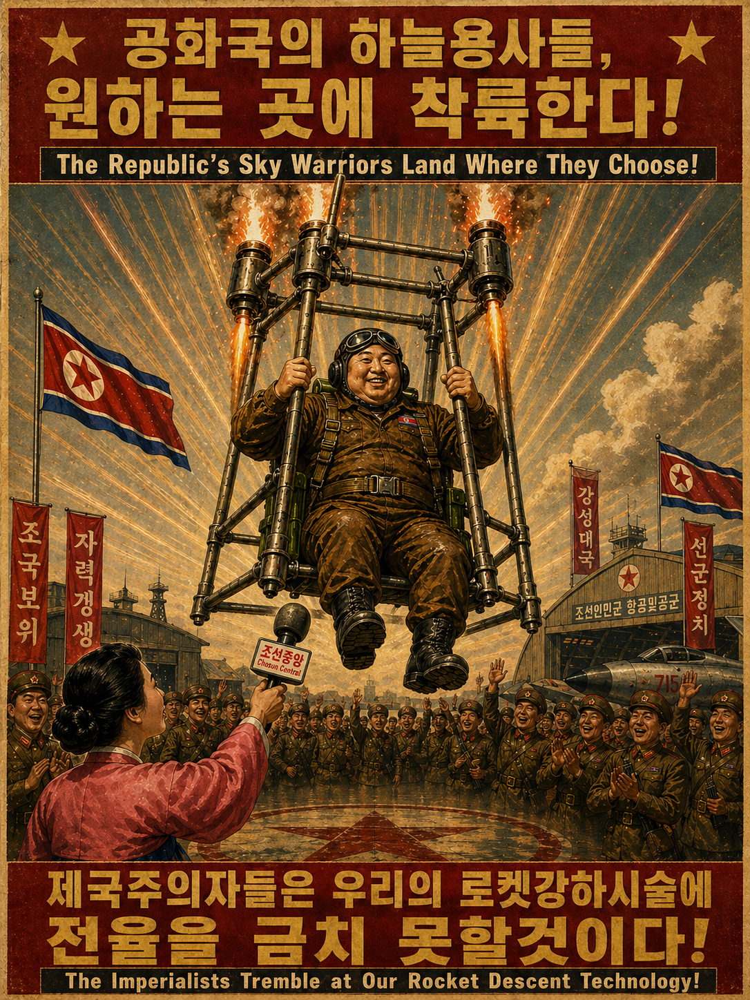 Propaganda poster shows soldier riding rocket-powered descent frame.