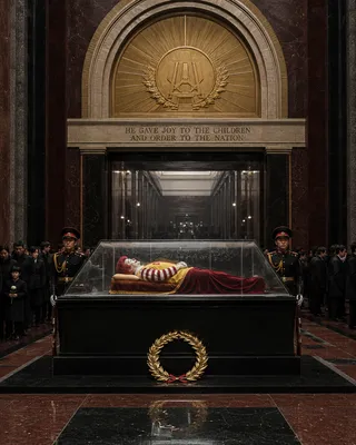 Glass case, red wig, gold wreath, two guards, crowd.