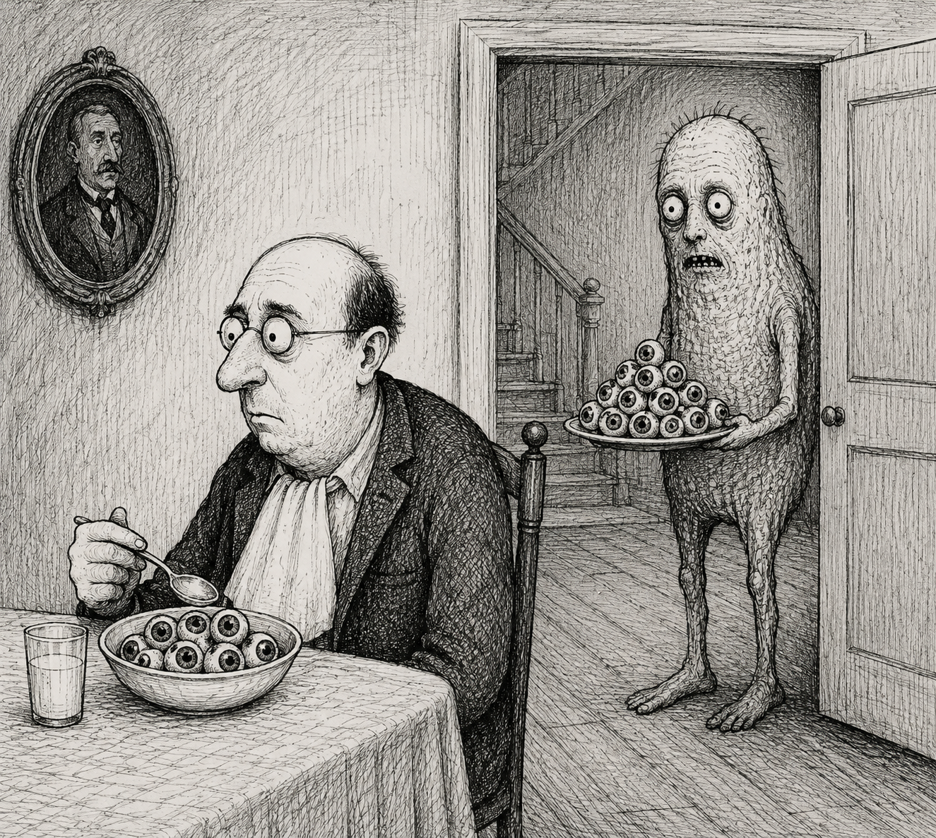 Man eats eyeballs while creature offers more on platter.