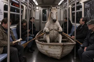 Rowboat, two oars, seven riders, one poster, subway poles.