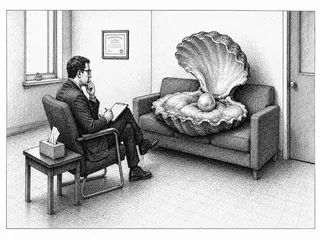 Couch, shell, pearl, clipboard, tissue box, certificate, door.