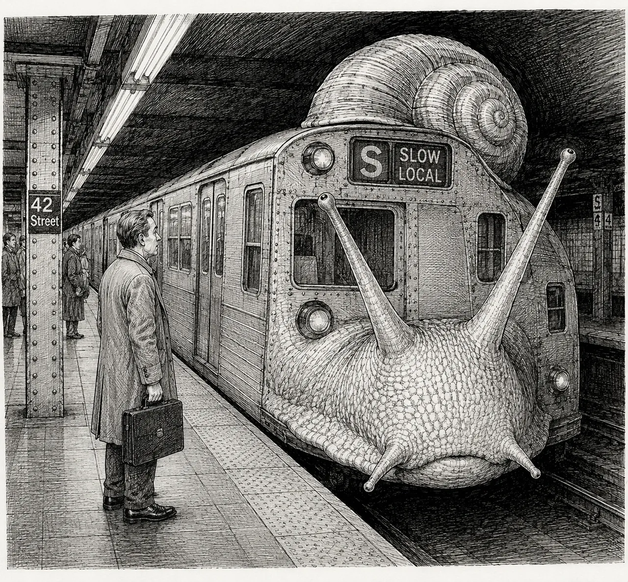 Man, briefcase, coat, platform tiles, shell, two eyestalks, sign.
