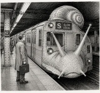 Man, briefcase, coat, platform tiles, shell, two eyestalks, sign.