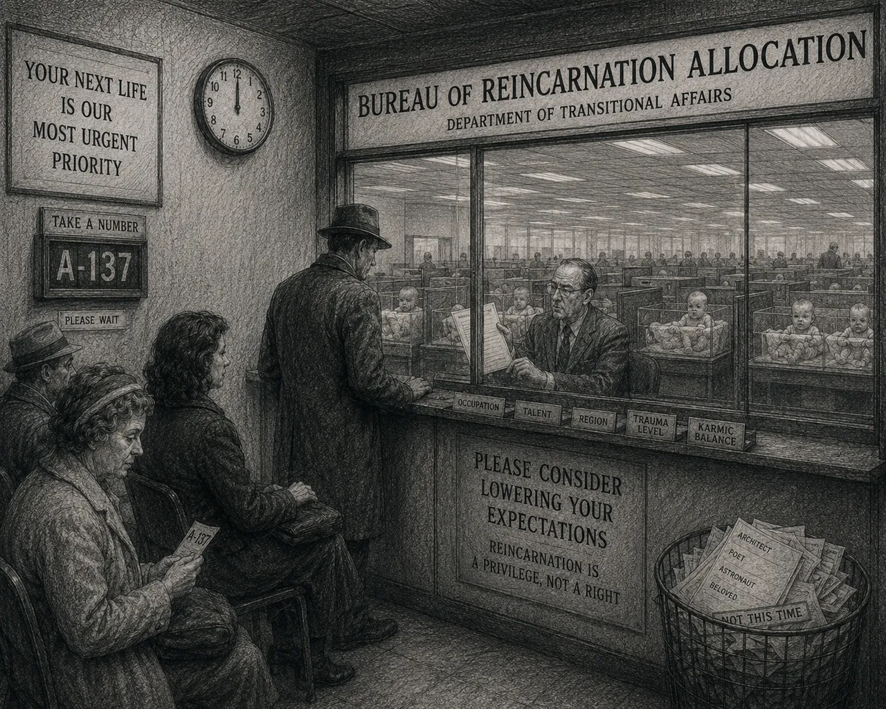 A bureaucratic office processes souls for reincarnation assignment.