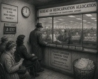 A bureaucratic office processes souls for reincarnation assignment.