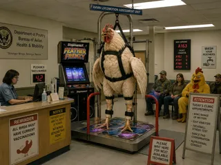 Harness, drop ceiling, arcade cabinet, number 42, hand sanitizer, waiting figures, ankle braces, arrow pad, ticket counter, vaccination notice.