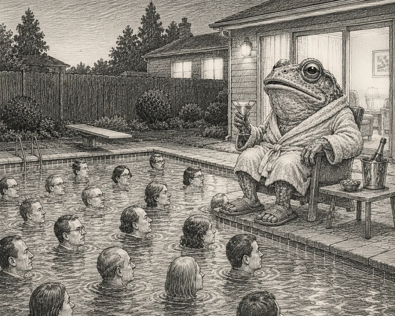 The lord of the pool surveys his pale congregation.