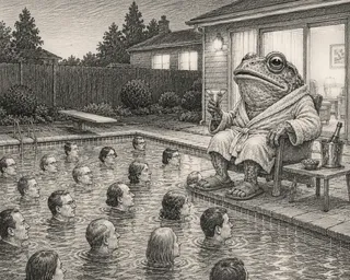 Giant toad in robe holds martini, humans swim below.