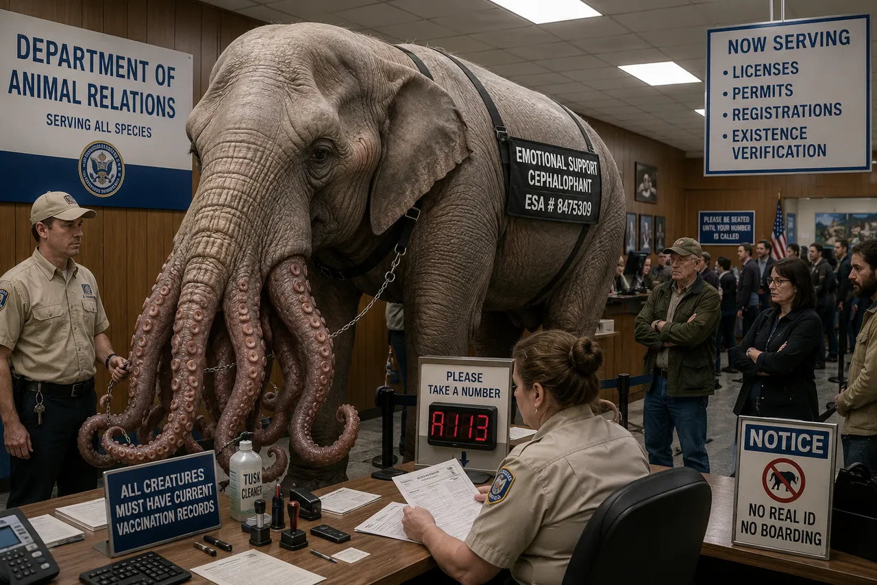 Elephant, tentacles, harness tag, keys, number display, sign, clipboard.