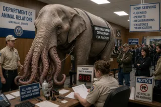 Elephant, tentacles, harness tag, keys, number display, sign, clipboard.
