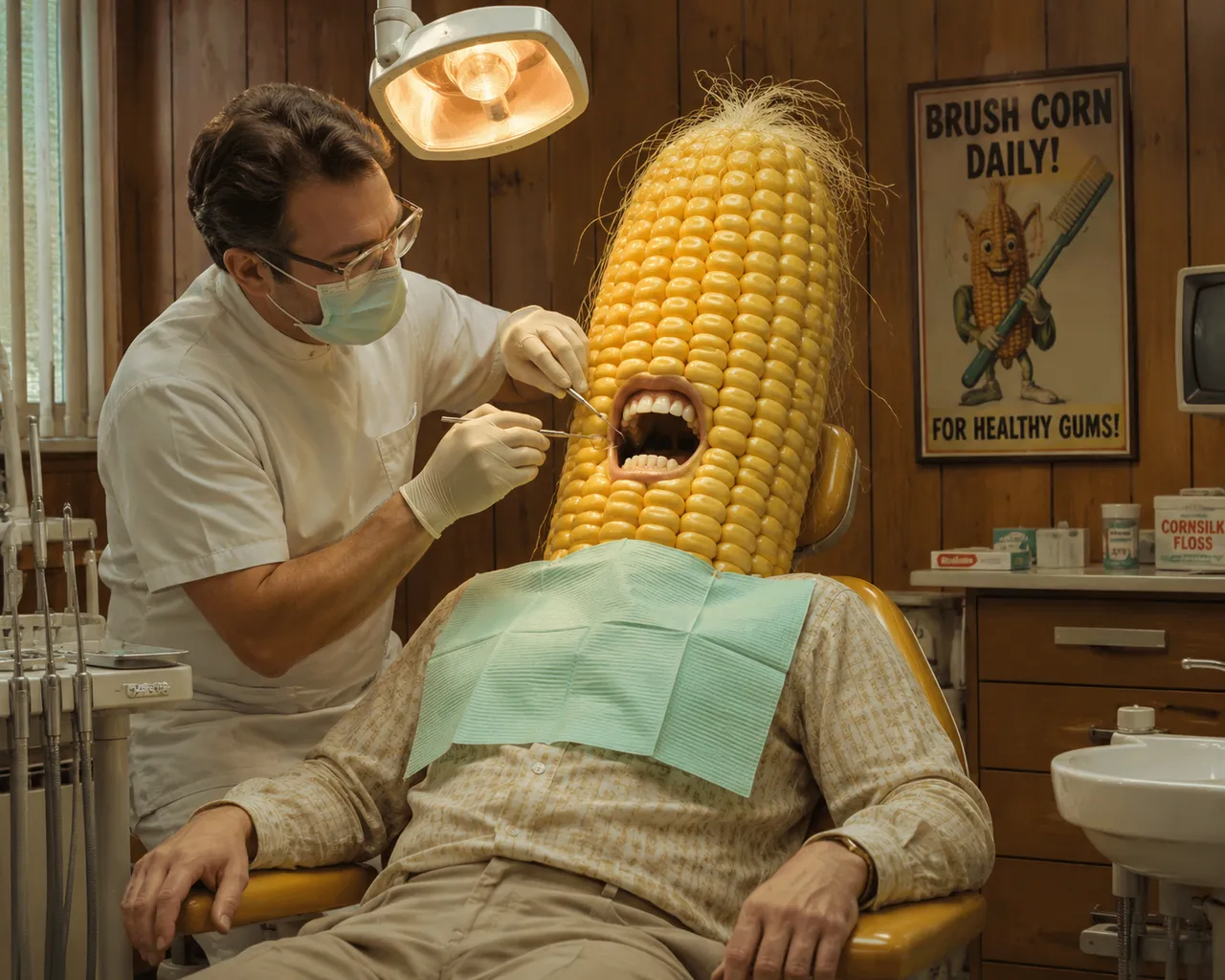 Overhead lamp, gloved hands, corn husk hair, teal bib, sink.