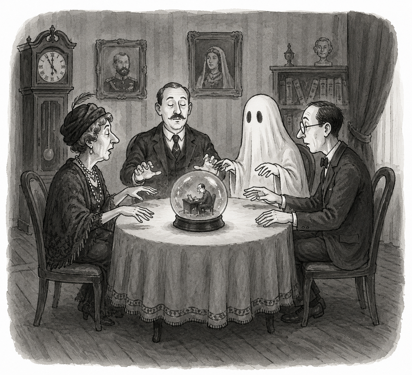 Four figures gather around a glowing crystal ball.