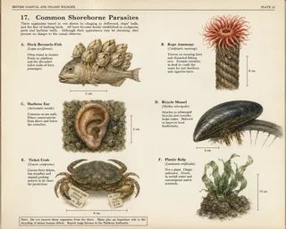 Six specimens, scale bars, Latin binomials, one ear, rope, bicycle wheel.