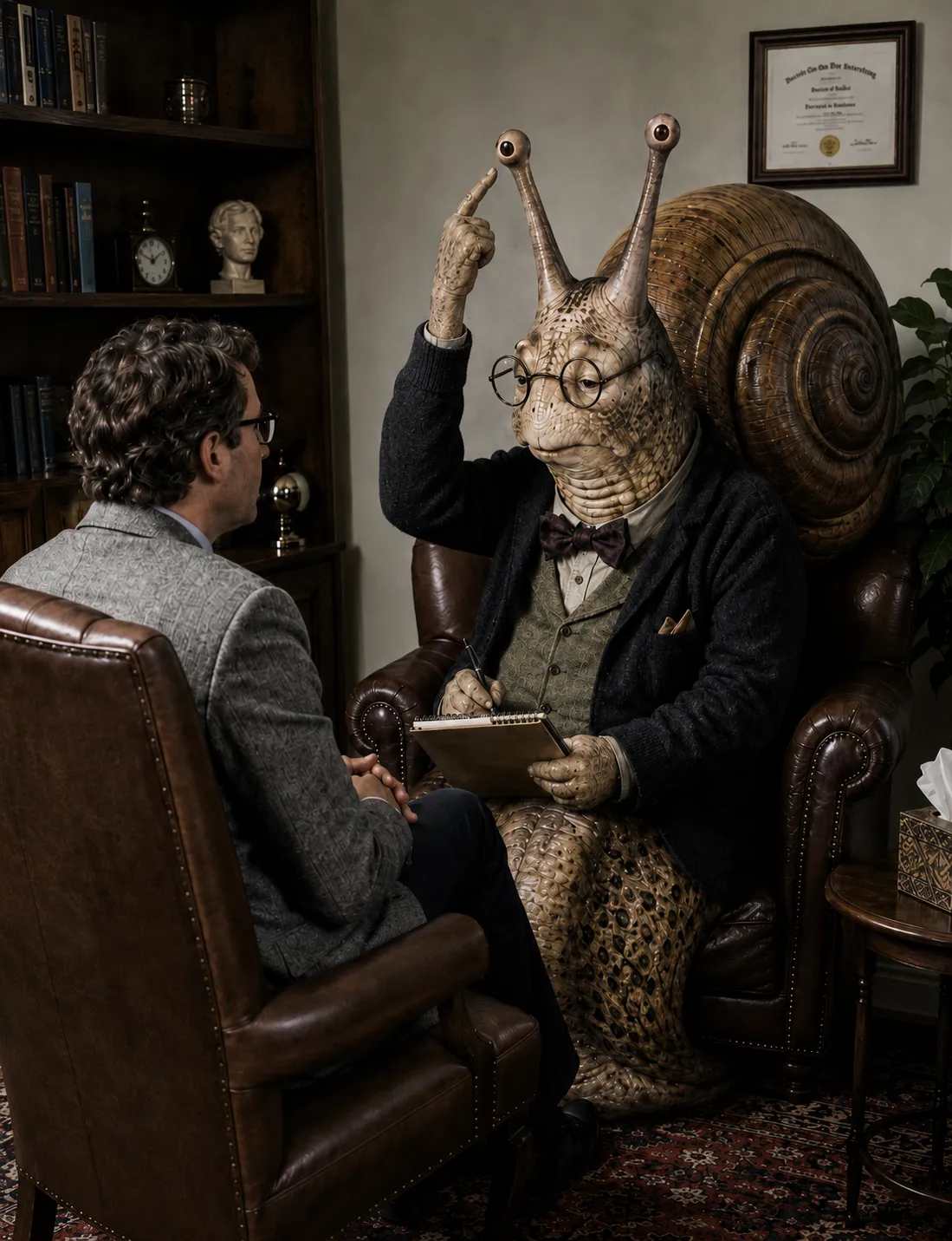Anthropomorphic snail therapist listens to human patient in office.