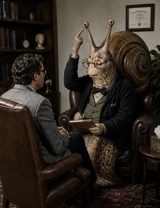 Anthropomorphic snail therapist listens to human patient in office.