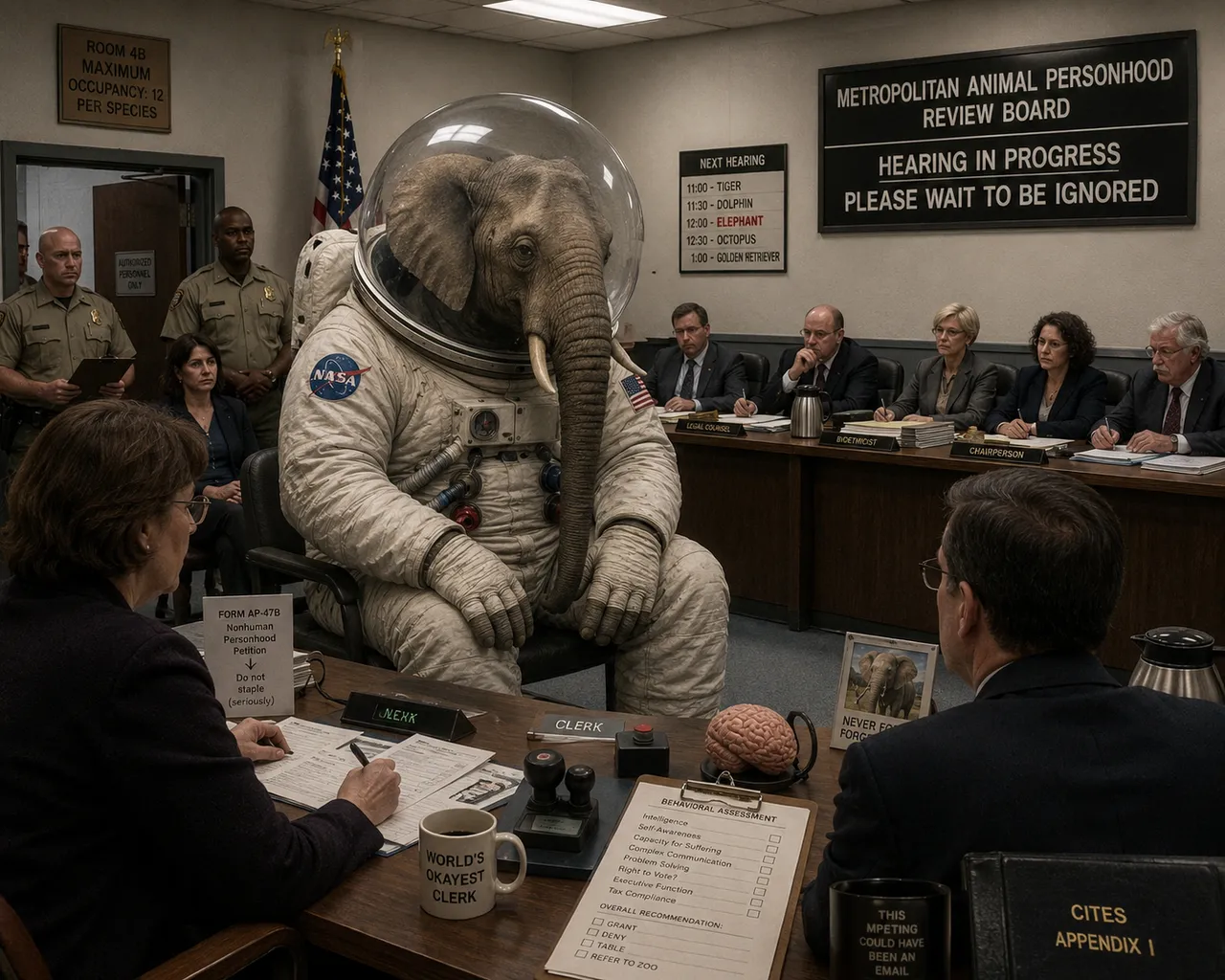 Astronaut suit, elephant head, brain model, coffee mug, clipboard, flag.