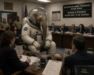Astronaut suit, elephant head, brain model, coffee mug, clipboard, flag.
