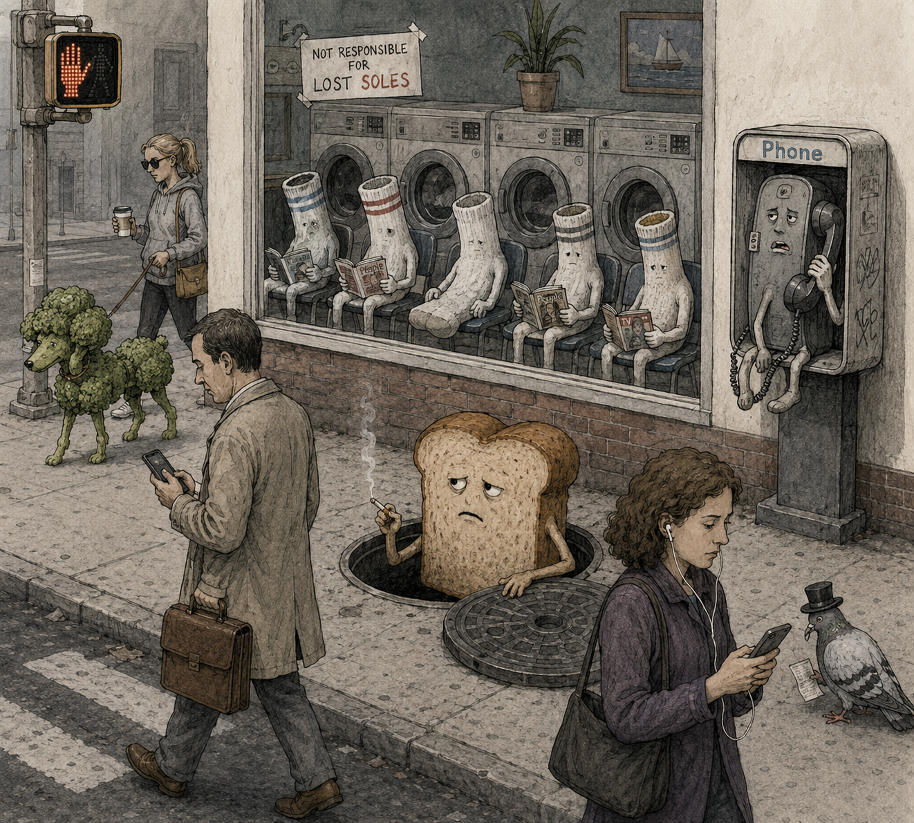 Everyone absorbed in screens, missing the smoking bread entirely.