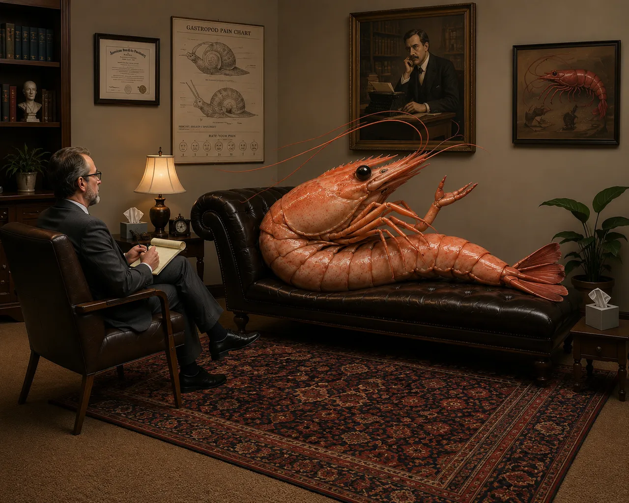 Giant shrimp reclines on couch in psychiatrist's office.