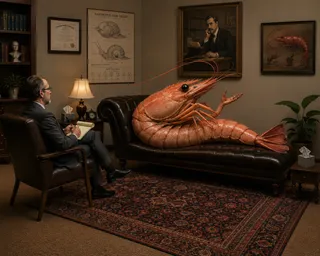 Giant shrimp reclines on couch in psychiatrist's office.