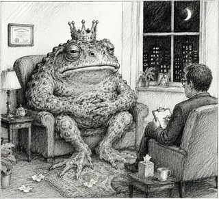 A crowned toad sits in therapy with a psychiatrist.