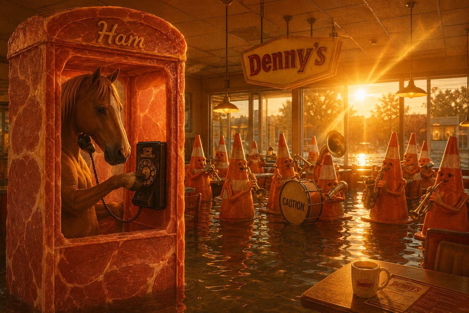 Traffic cones with saxophones, yet the coffee survives.