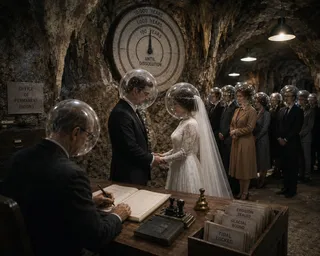 A wedding ceremony inside a cave, guests wearing bubble helmets.
