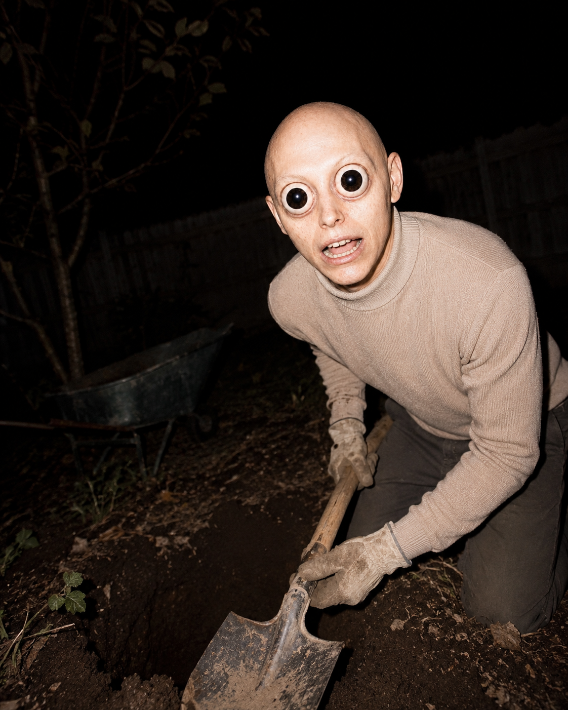 Bald person in costume digs soil at night, shovel present.