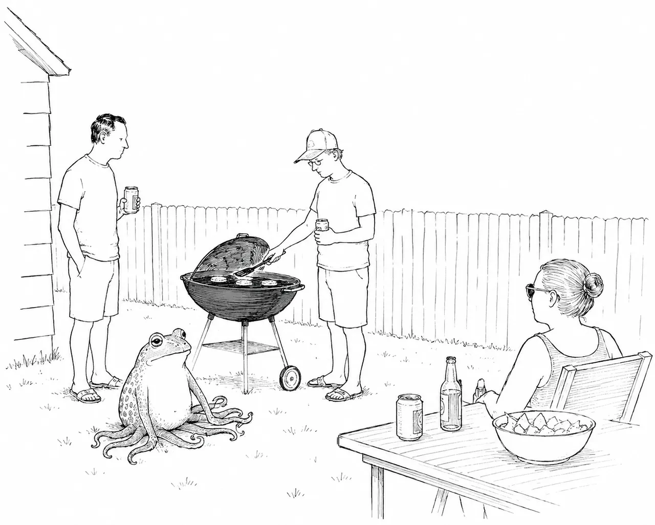 Backyard BBQ with two men, a woman, and a frog-octopus hybrid.