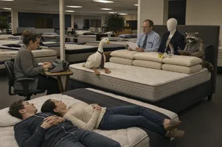 Duck, raccoon, mannequin, man, cord, typewriter, pillows, two bodies, yellow card.