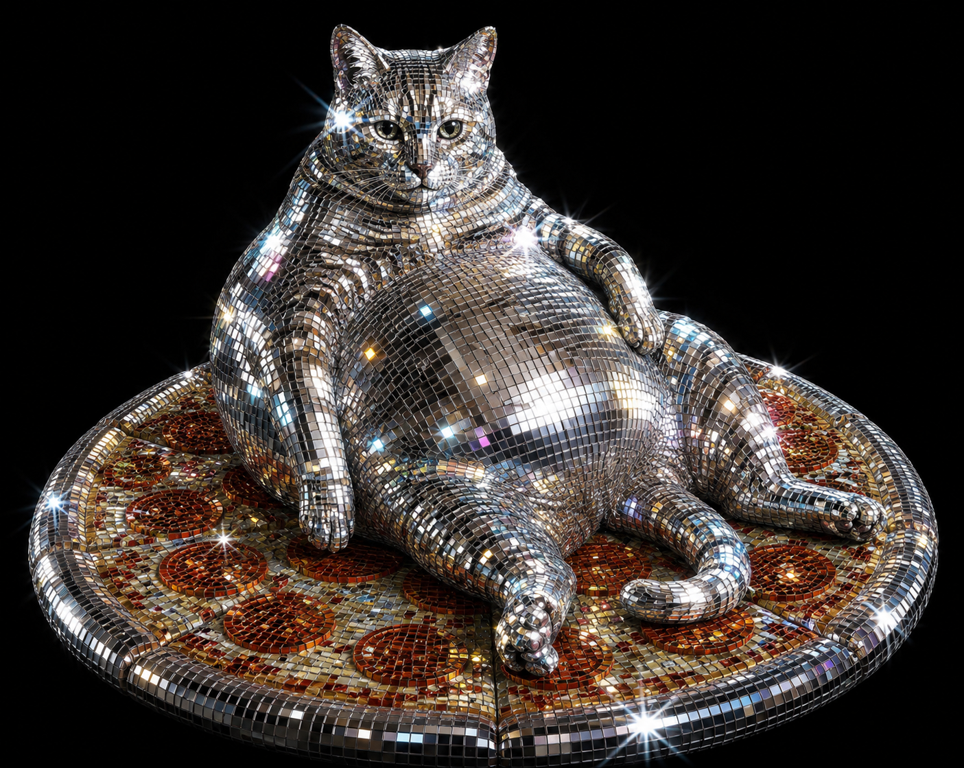 A chubby cat sculpture covered in mirror tiles.