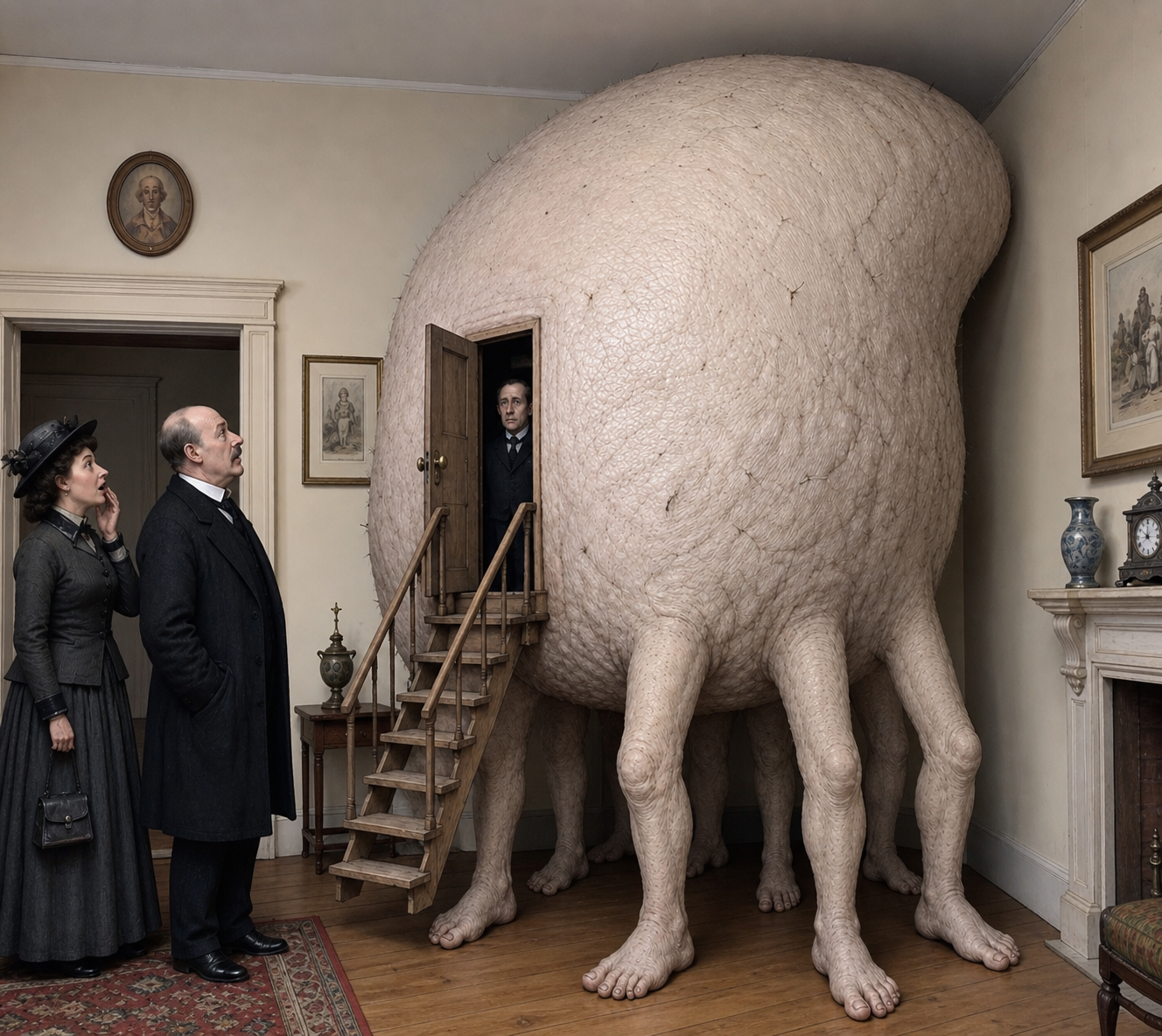 Giant egg-shaped pod on legs inside Victorian room.