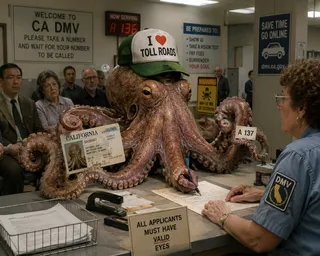 Trucker hat, license card, stapler, pen held in tentacle, queue number.